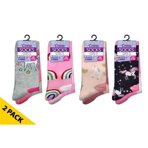 Unicorn/Rainbow Crew Socks 3 Sizes 2pk Assorted