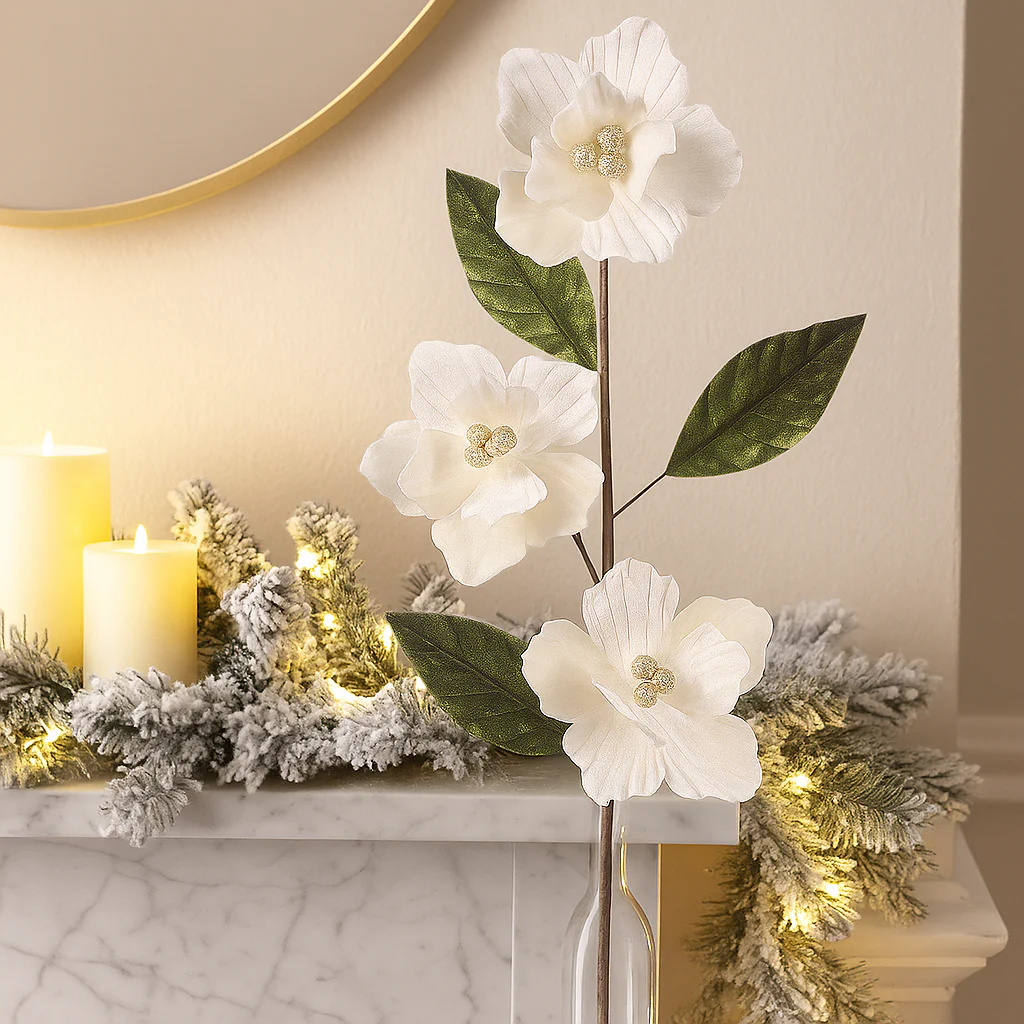 Velour Magnolia Head Stem with leaves 70cm Stem Magnolia 15cm Ivory