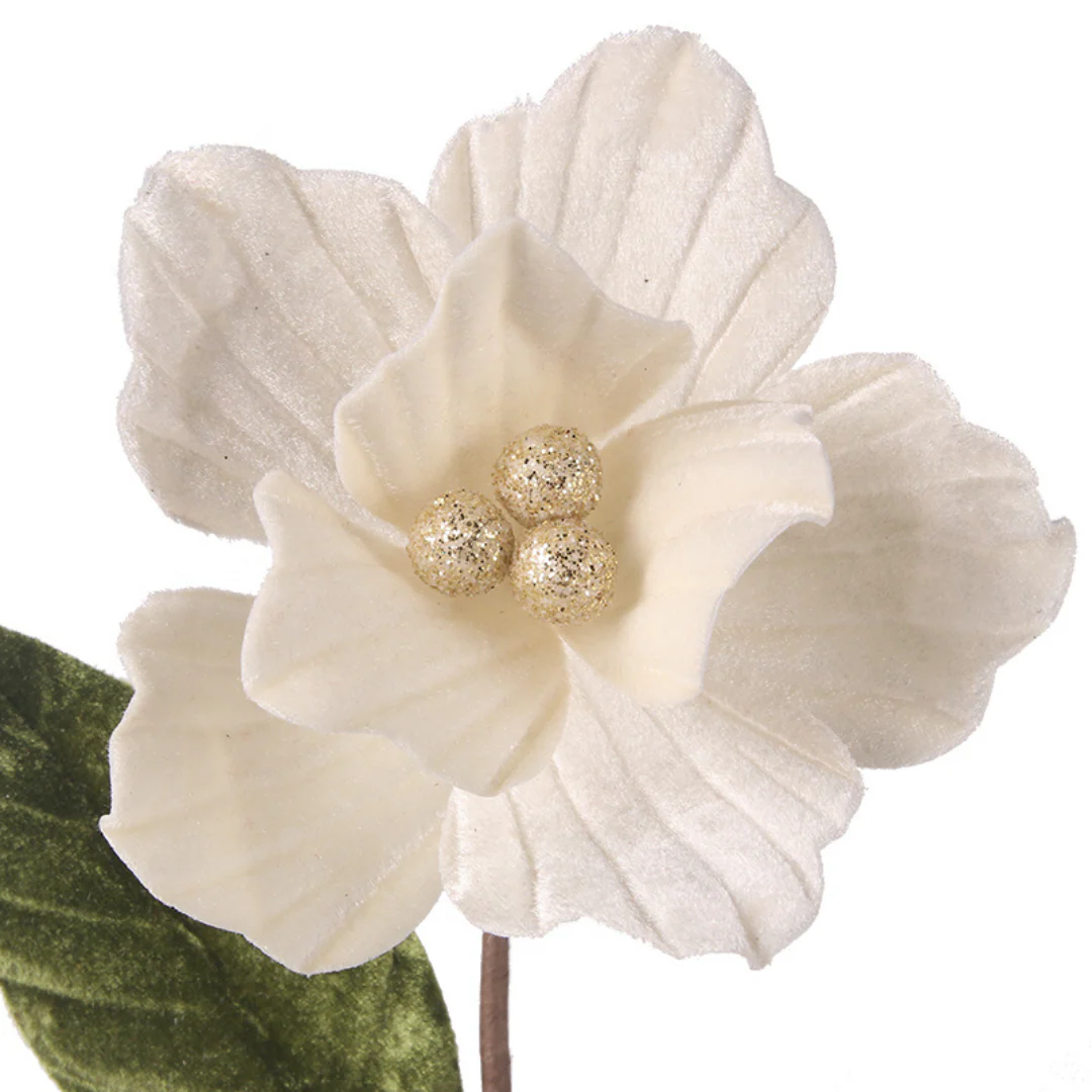 Velour Magnolia Head Stem with leaves 70cm Stem Magnolia 15cm Ivory - Image 3