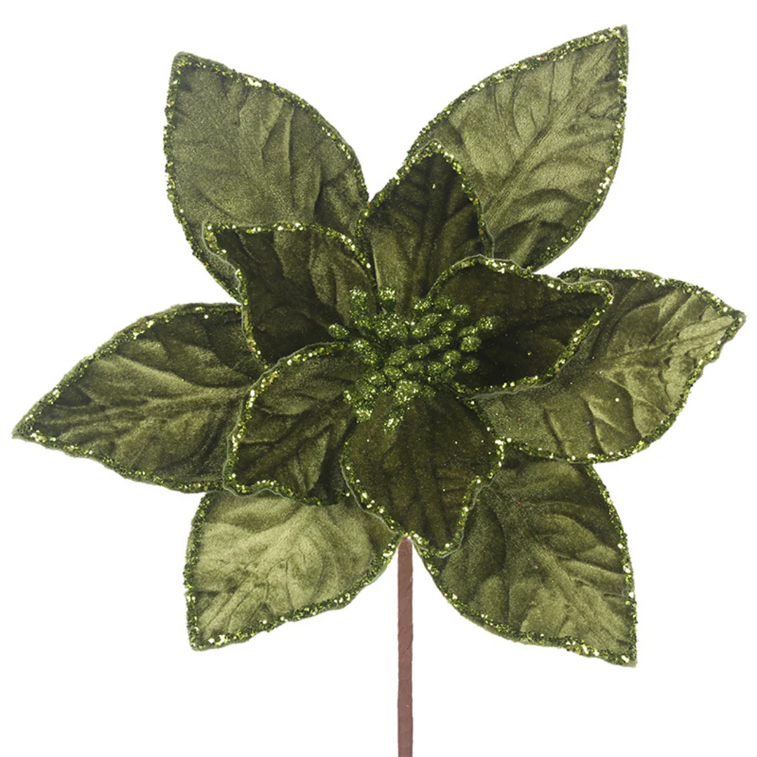 Sage Green Velour Poinsettia Stem D30cm L50cm - Image 2