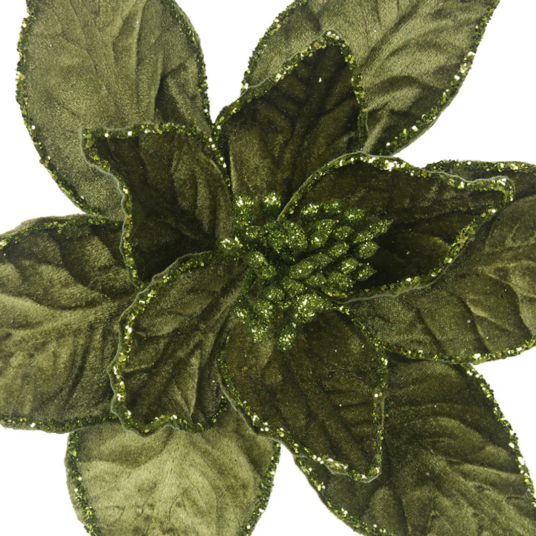 Sage Green Velour Poinsettia Stem D30cm L50cm - Image 3