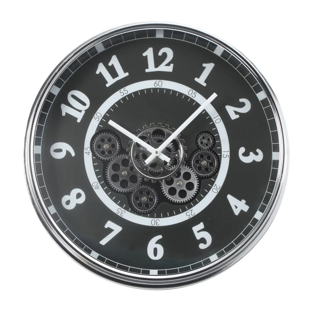 Wall Clock Round Dylan Modern Industrial Moving Cogs Silver Metal Black 54cm - Image 2