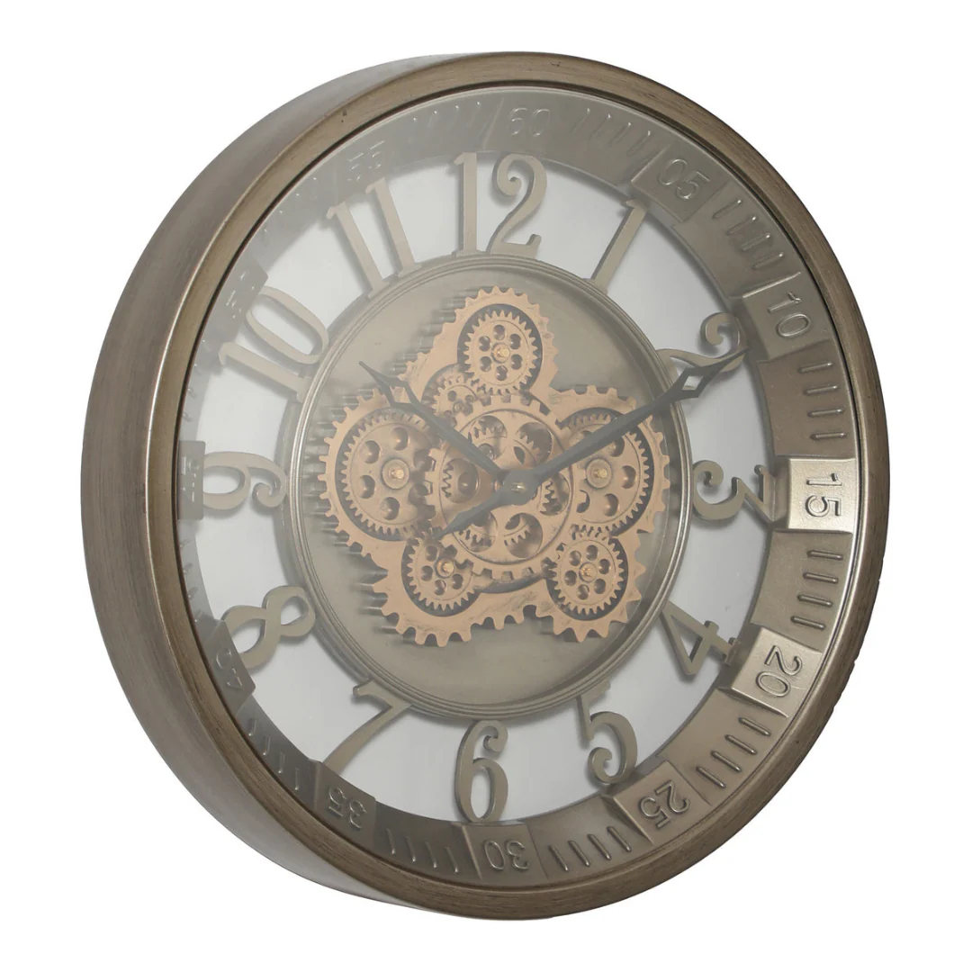 Wall Clock Round Maurice Industrial Moving Cogs Silver w/gold 46cm - Image 3