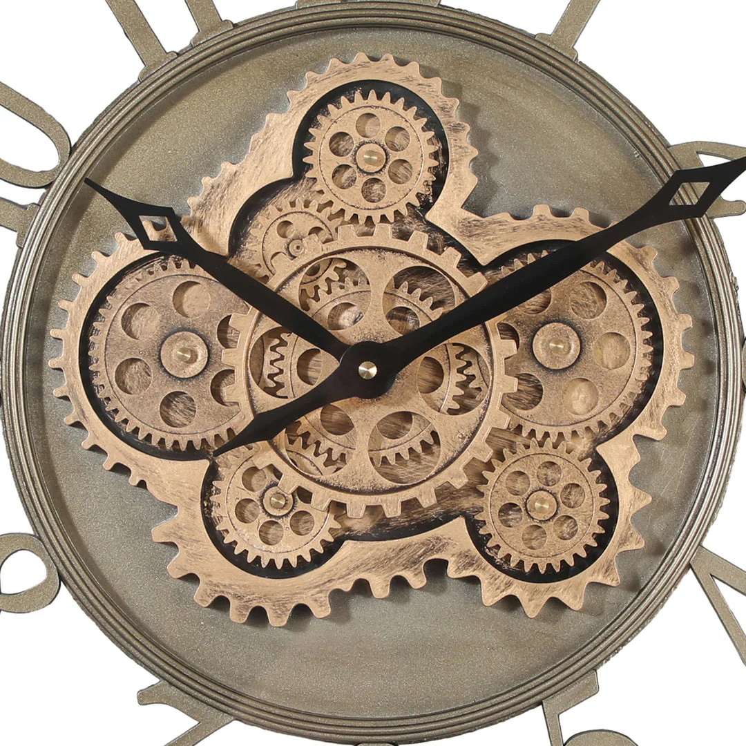 Wall Clock Round Maurice Industrial Moving Cogs Silver w/gold 46cm - Image 5
