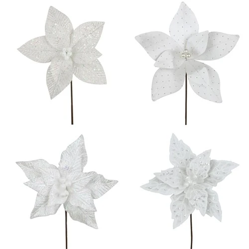White Poinsettia 26cm Flower with 30cm Stem 4 assorted