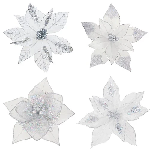 White & Silver Poinsettia with Clip 4 assorted 29cm