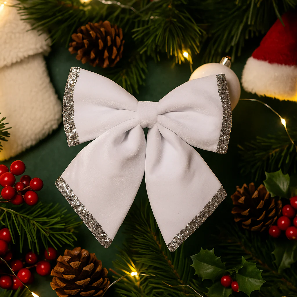 White Velour Bow with Silver Glitter Detail 30x35cm