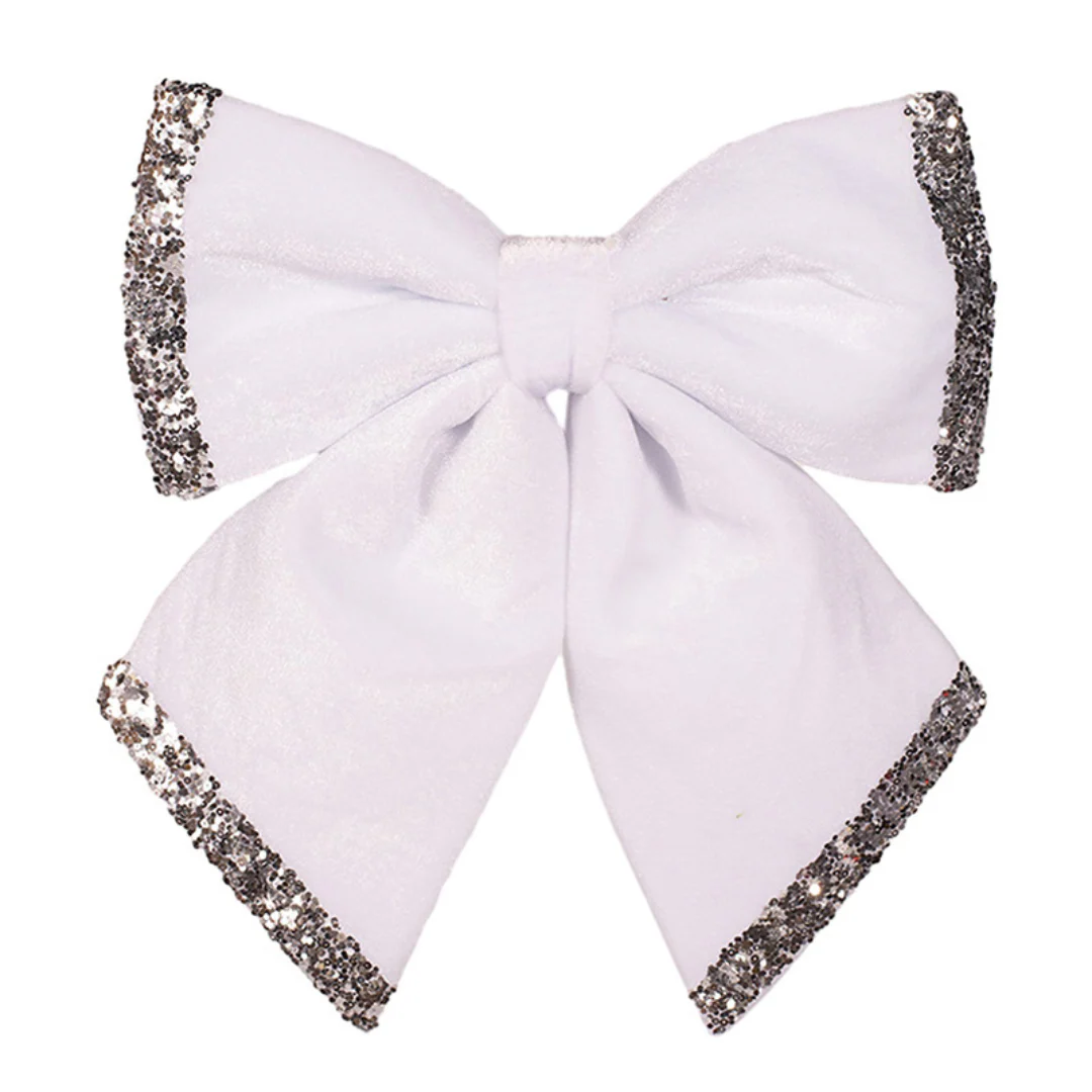 White Velour Bow with Silver Glitter Detail 30x35cm - Image 3