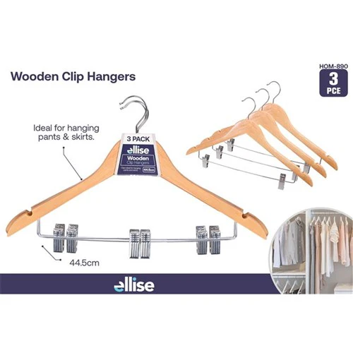 Wooden Coat Hangers with Clip 3pc 44.5cm Coat Hangers