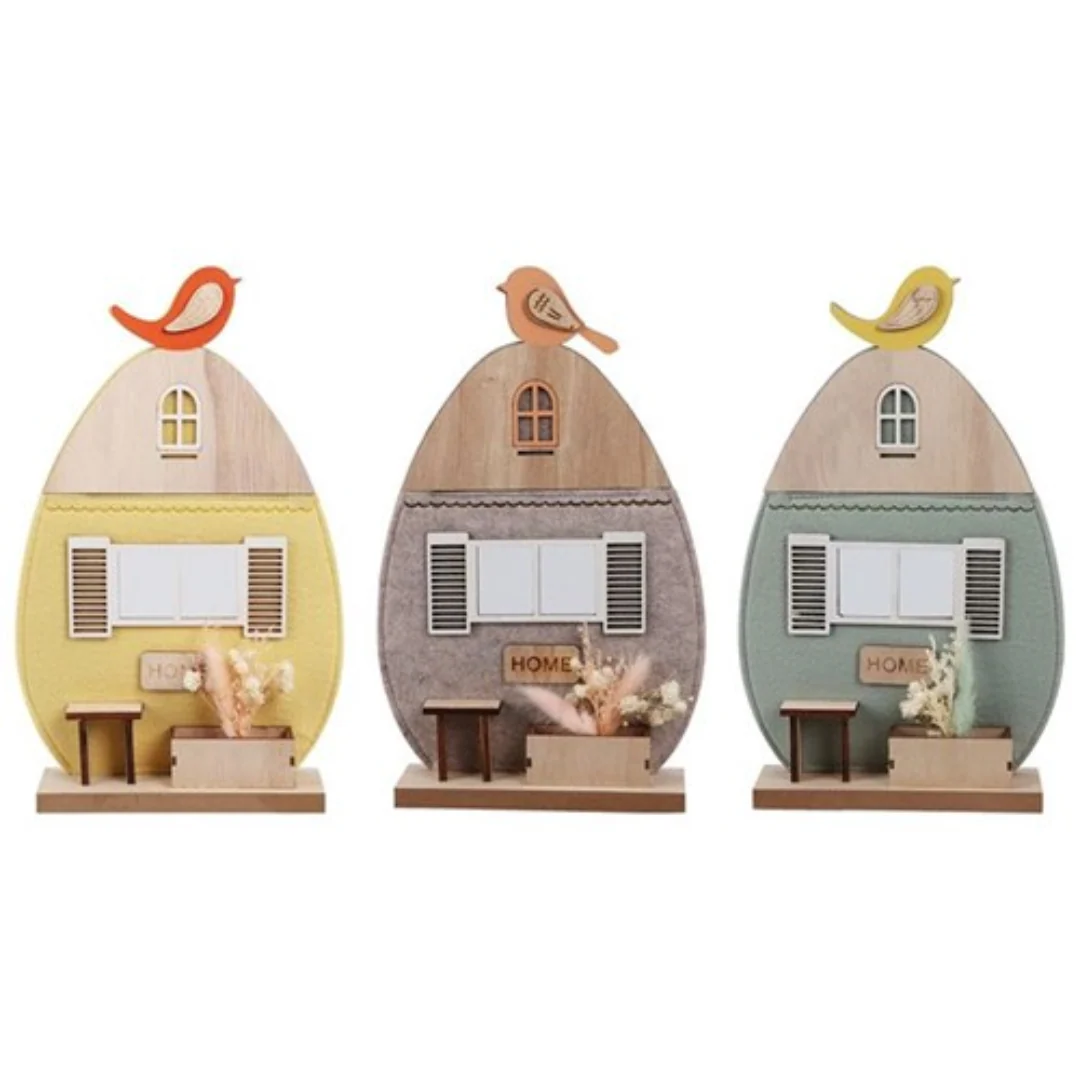 Wooden Egg House Ornament 31cm 3 Assorted