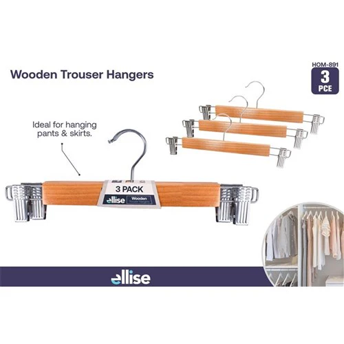 Wooden Trouser Clip Hangers 3pc 33cm